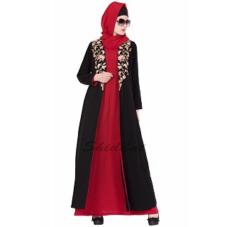 Double layered embroidery abaya- Black-Red 